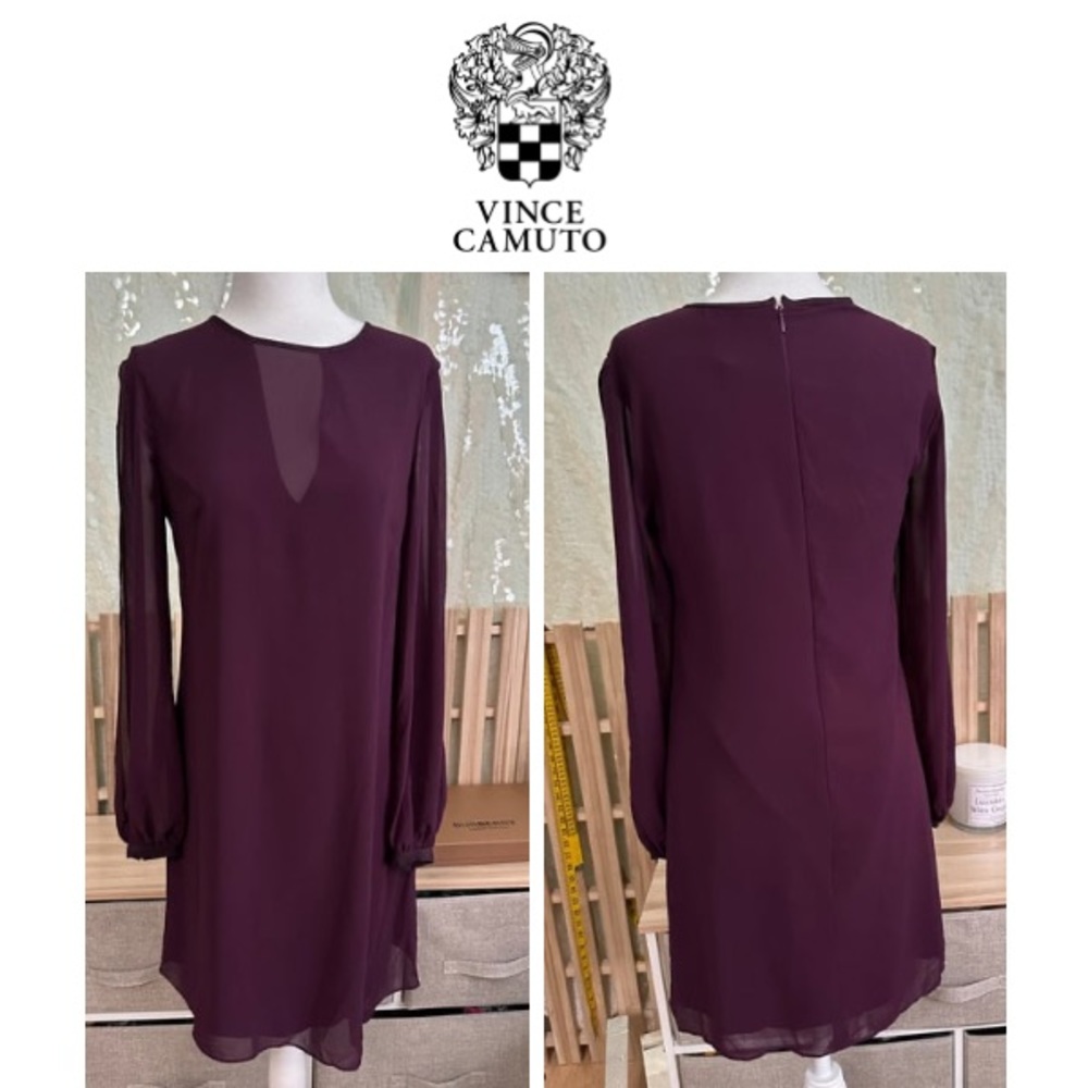 NWOT Vince Camuto Wine Sheer V neck Lined Midi Dress - classy Woman Size 2